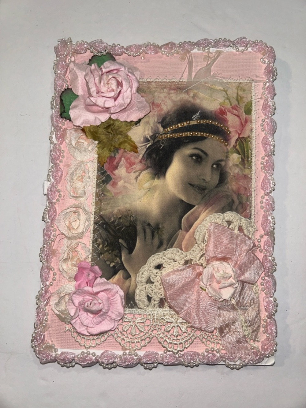 Vintage-Inspired Pink Floral Beaded Decorative Journal Cover with Notebook